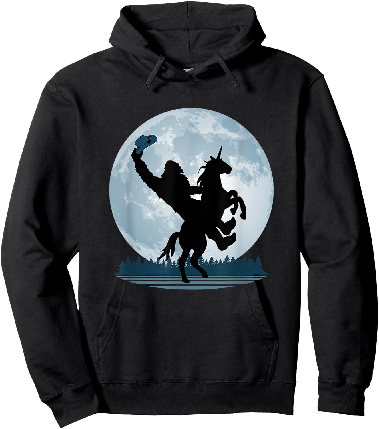 Cowboy Bigfoot on a Unicorn - Sasquatch Full Moon Forest Hoodie - Hoodie | Black