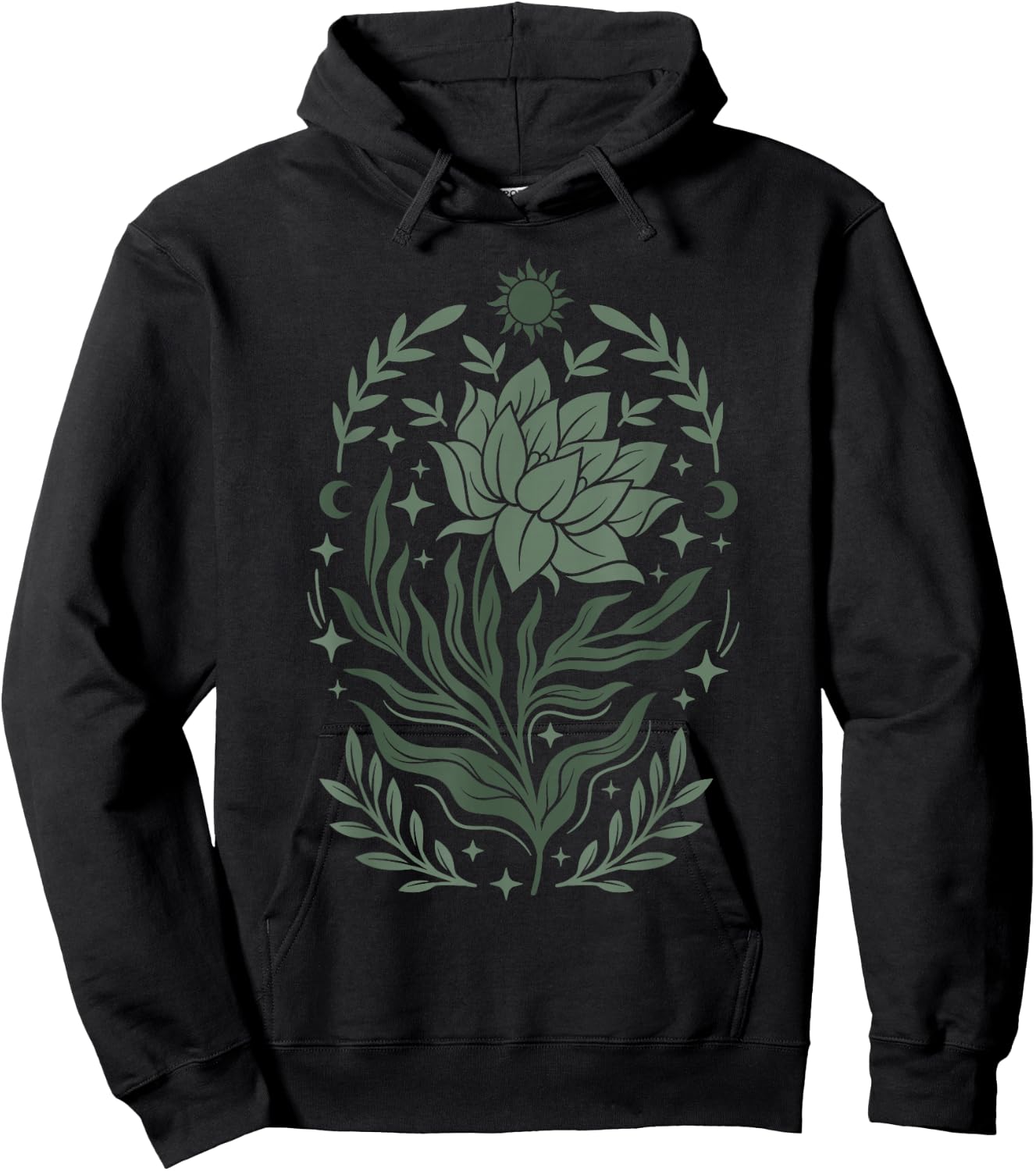 Sage & Green Flowers Sun Crescent Moon Boho Floral Celestial Hoodie - Hoodie | Black