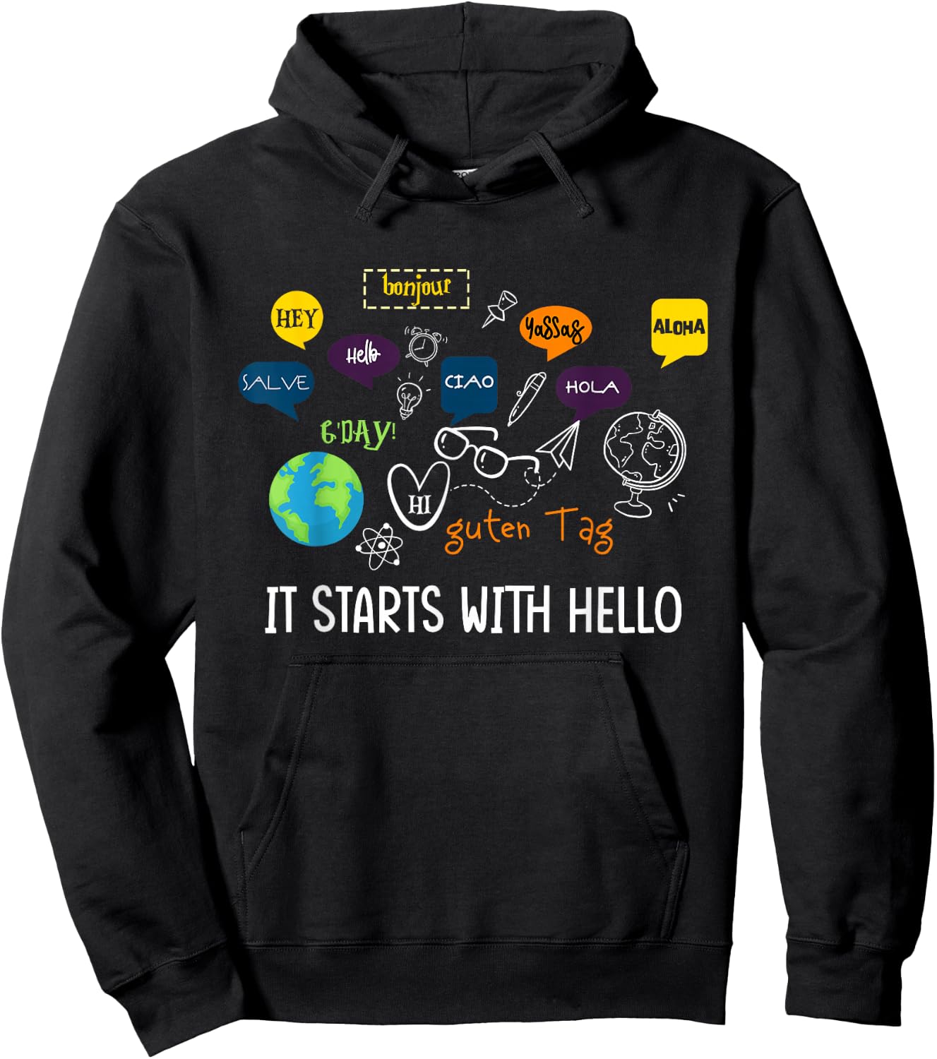 It Starts with Hello Friendship Inclusion Language Teacher Hoodie - Hoodie | Black