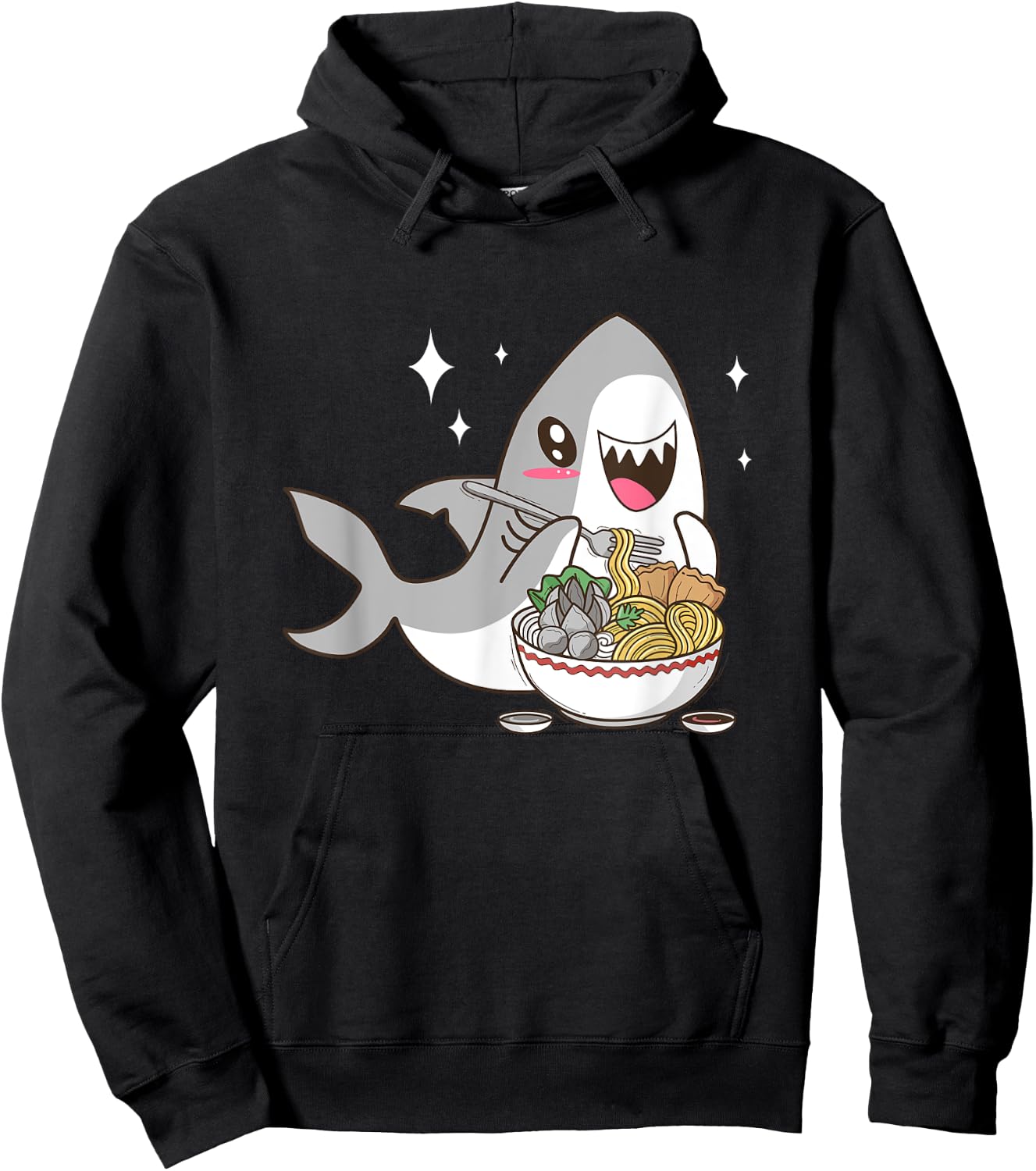 Cute Japanese Anime Chibi Kawaii Shark Eat Ramen Kids Girls Hoodie - Hoodie | Black