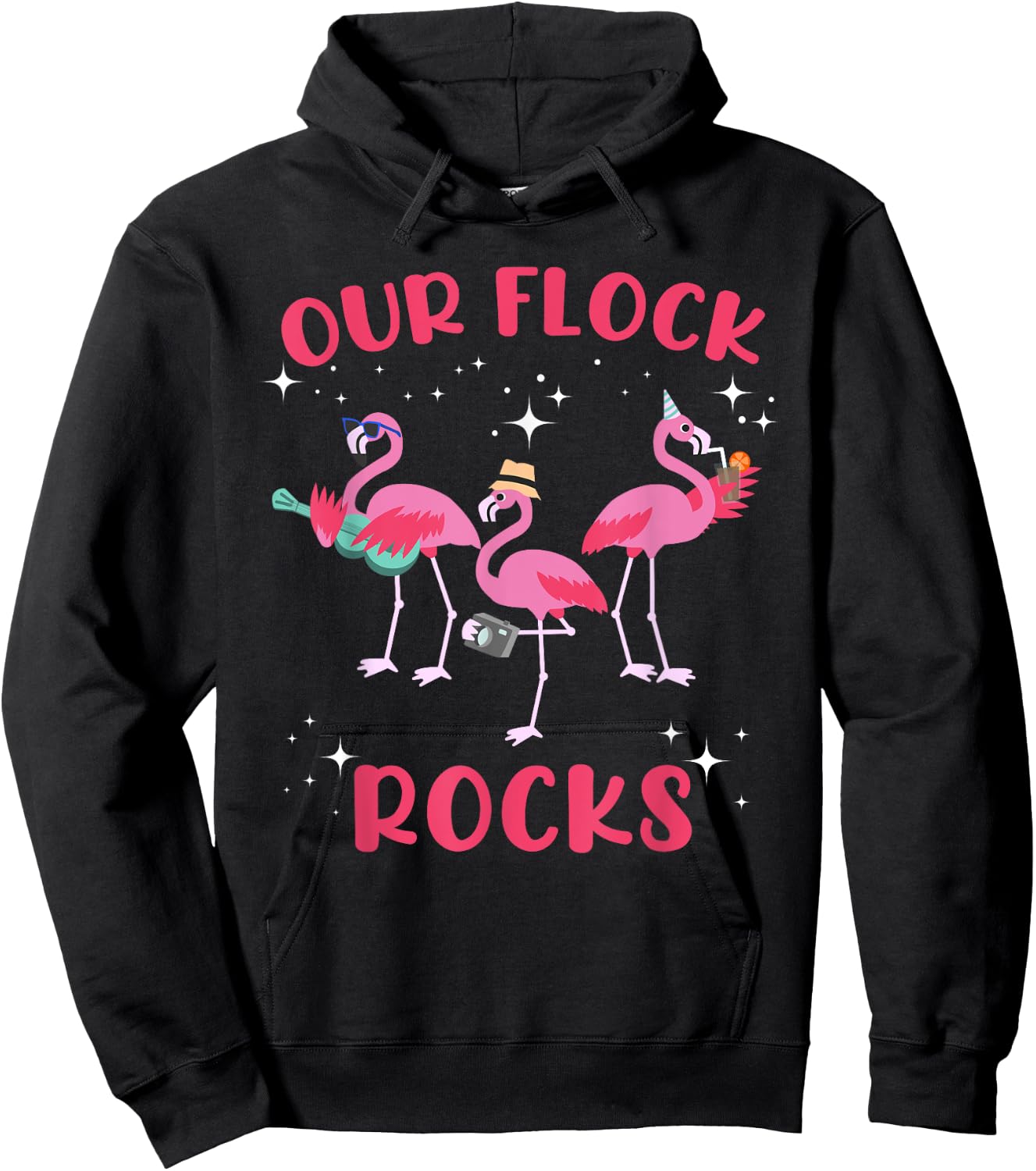 Our Flock Rocks Flamingo Matching Family Vacation Group Hoodie - Hoodie | Black