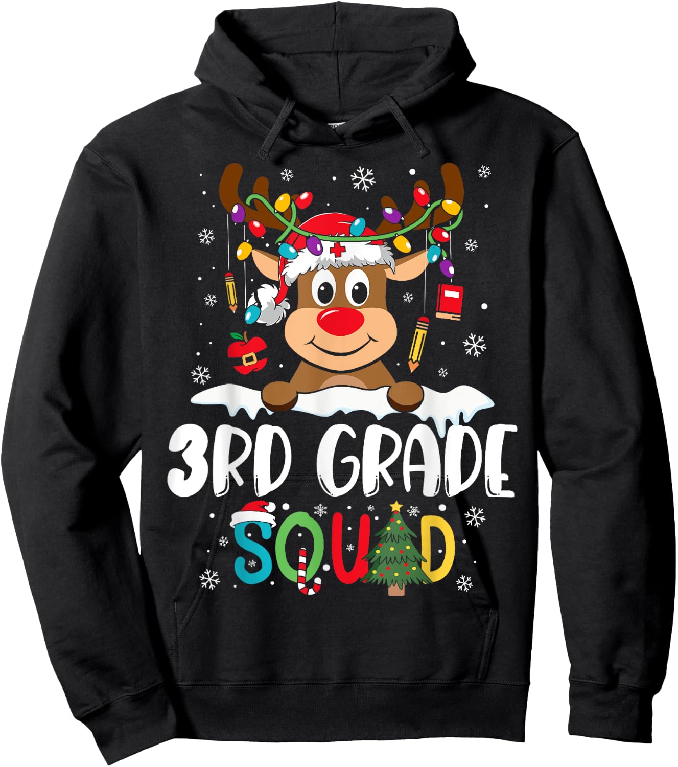 3rd Grade Teacher Squad Funny Reindeer Teacher Christmas Hoodie - Hoodie | Black