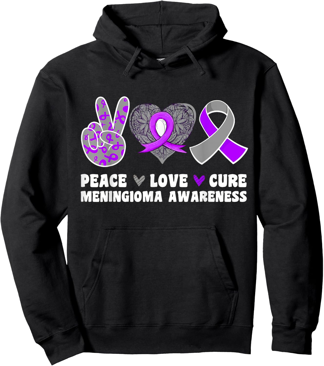 Peace Love Cure Meningioma Awareness Purple Gray Ribbon Hope Hoodie - Hoodie | Black