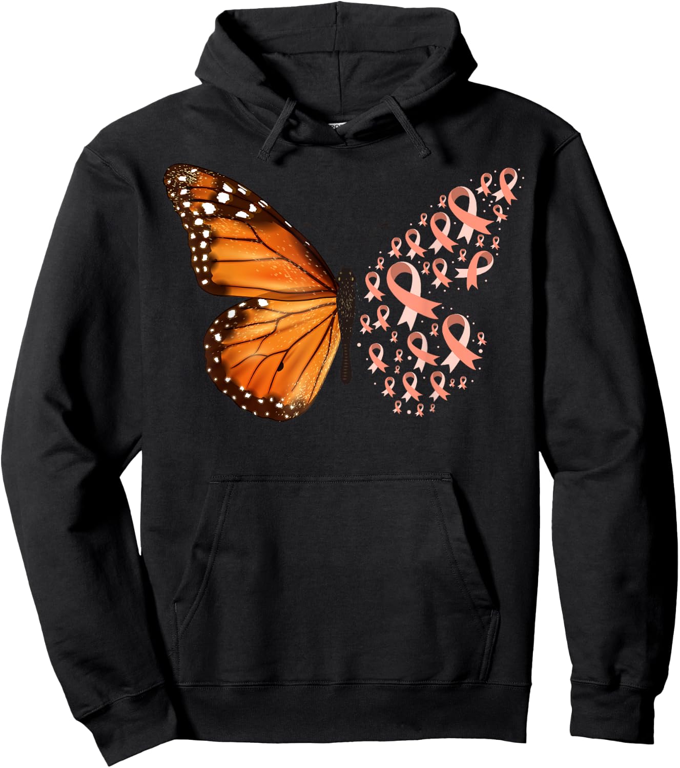 Endometrial Cancer Awareness Butterfly Peach Ribbon Month Hoodie - Hoodie | Black