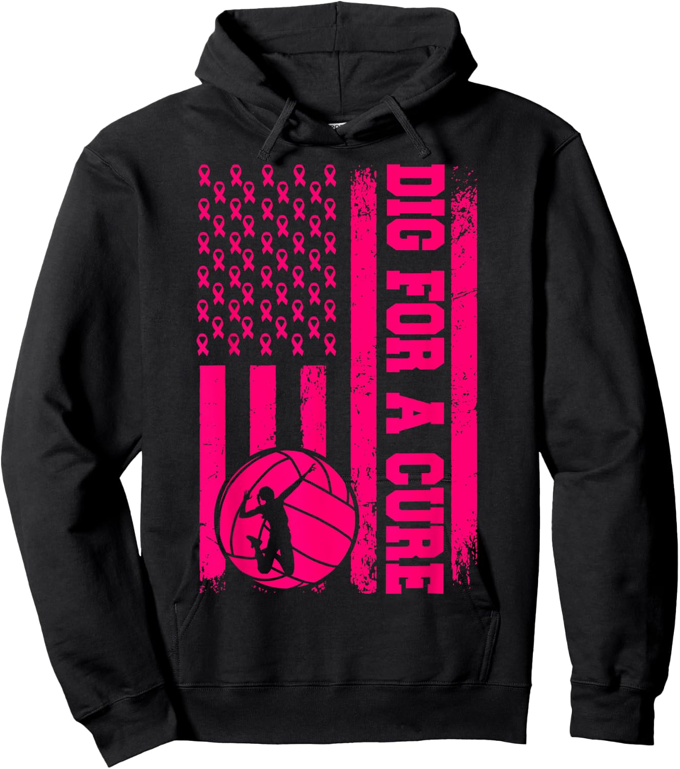 Dig For A Cure Breast Cancer Volleyball Pink American Flag Hoodie - Hoodie | Black