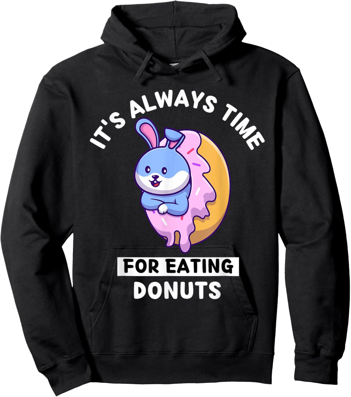 Cute Kawaii Rabbit It's Always Time For Eating Donuts Hoodie - Hoodie | Black