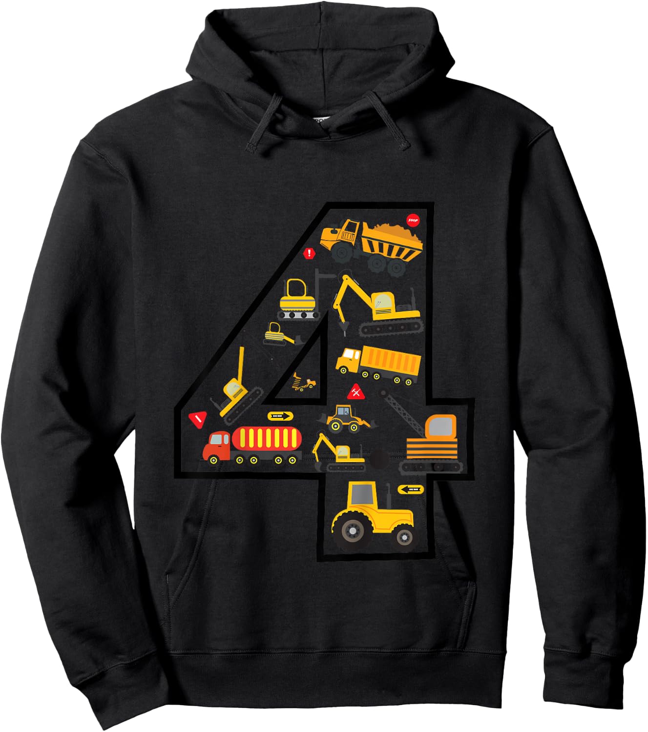 Kids Construction Truck 4th Birthday Boy Excavator 4 Years Digger Hoodie - Hoodie | Black
