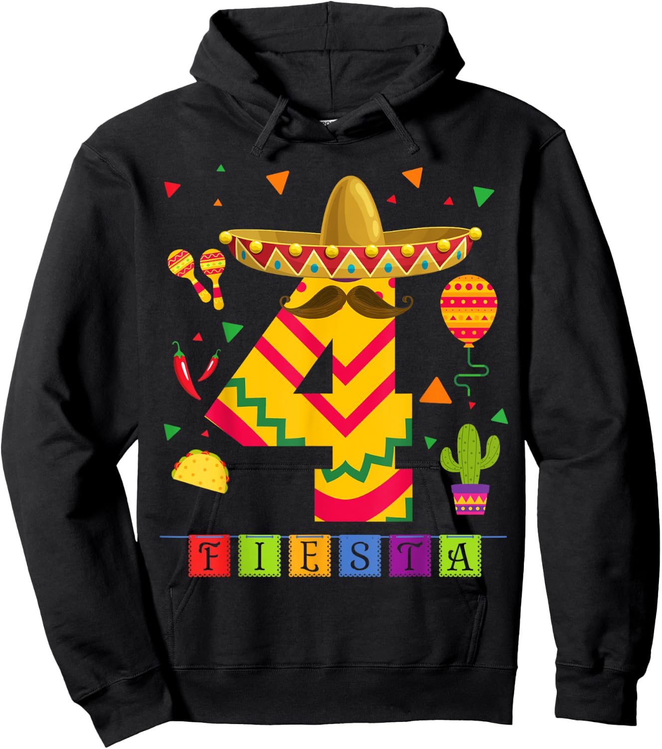 Kids 4th Birthday Fiesta Mexican Themed Party 4 Year Old Boy Hoodie - Hoodie | Black