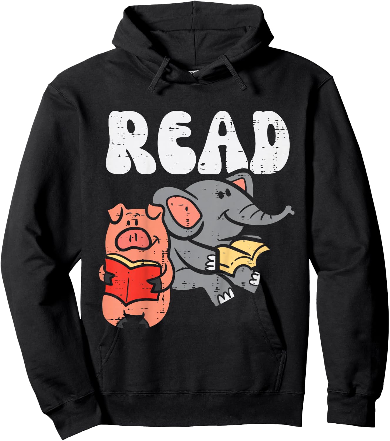 Pig Elephant Reading Cute Book Lover Bookworm Boys Girls Kid Hoodie - Hoodie | Black