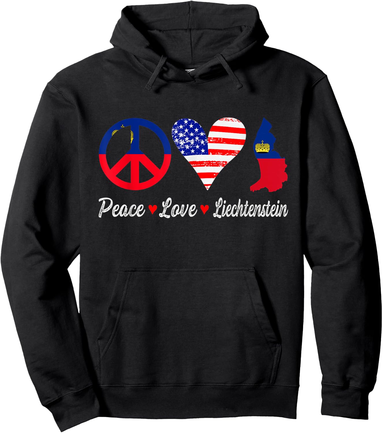 Peace Love Liechtenstein Flag Map American Patriotic Kids Men Hoodie - Hoodie | Black