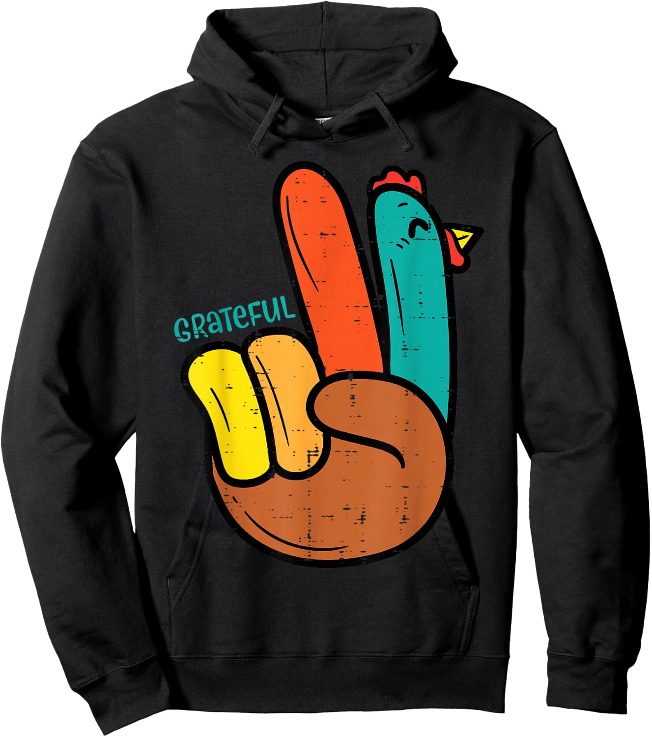 Peace Hand Turkey Grateful Thanksgiving Hippi Men Women Kids Hoodie - Hoodie | Black