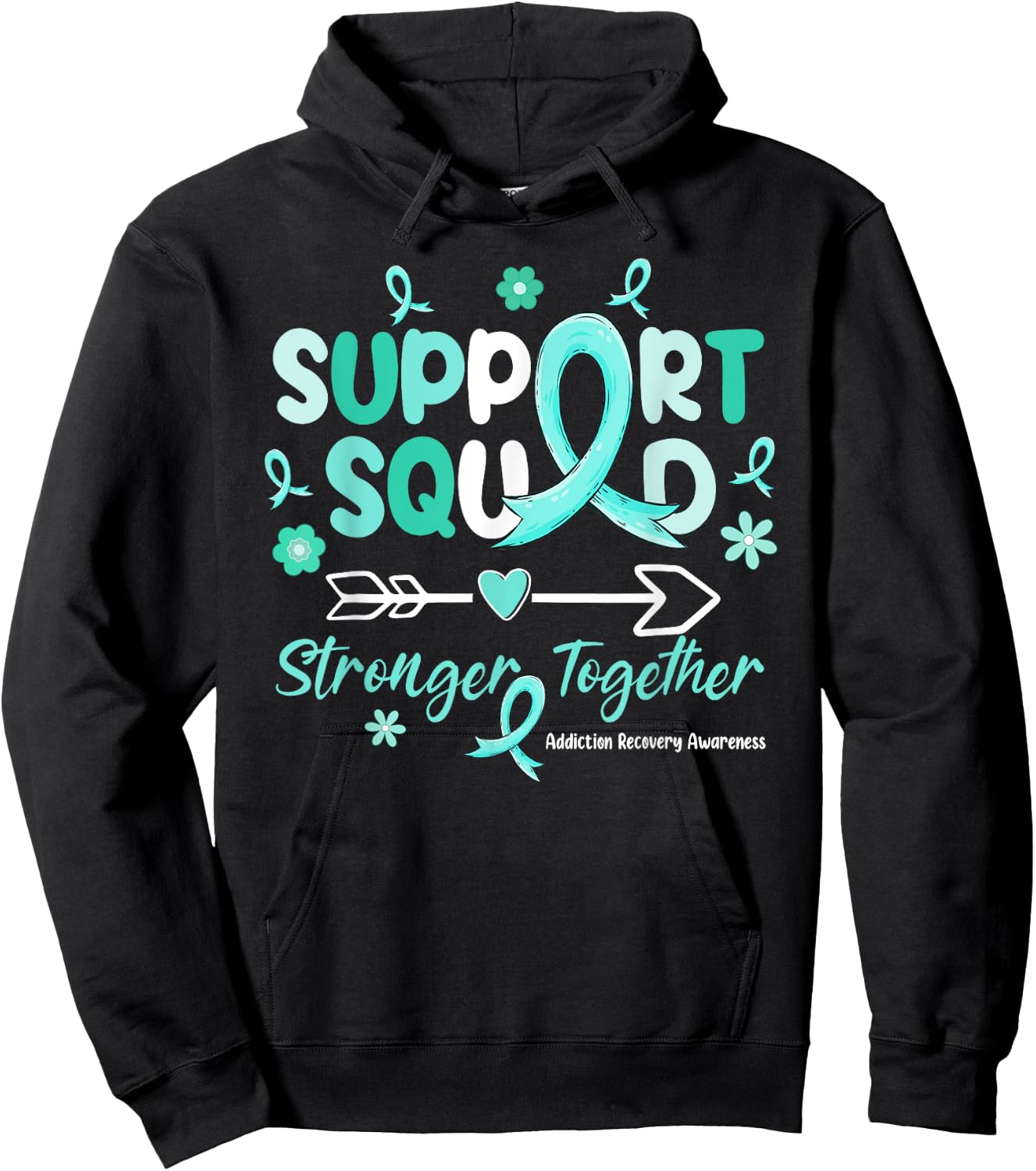 Groovy Support Squad Teal Ribbon Addiction Recovery Hoodie - Hoodie | Black