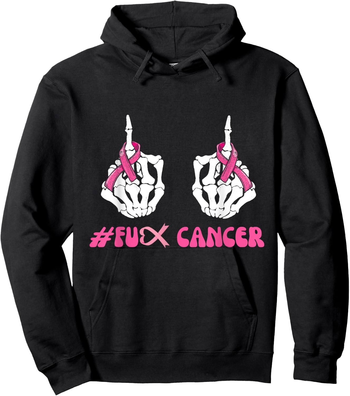 Skeleton Middle Finger Breast Cancer FU Pink Ribbon Cancer Hoodie - Hoodie | Black