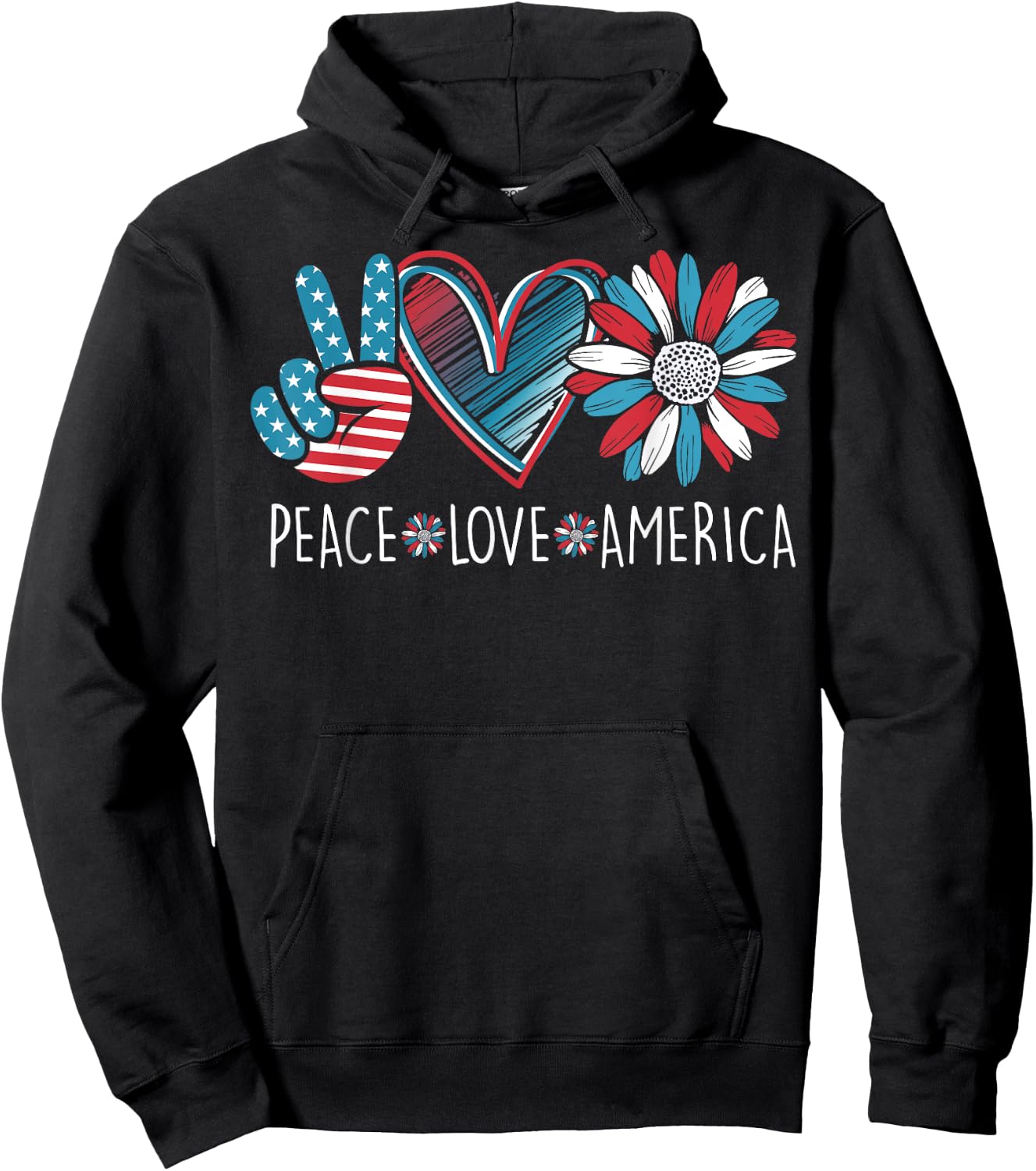 Peace Love America Daisy 4th July Patriotic US American Flag Hoodie - Hoodie | Black