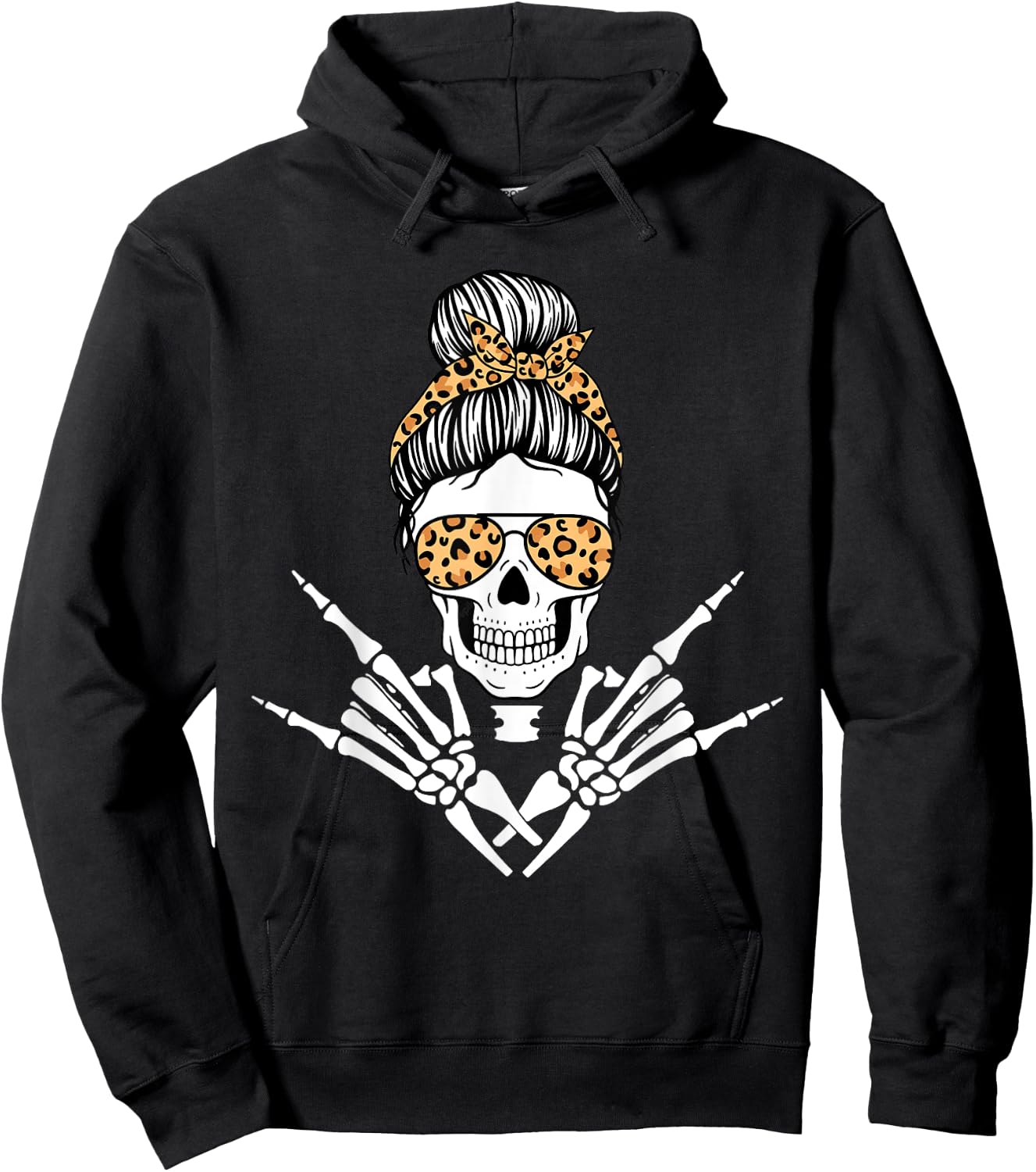 Rocker Skeleton Hand Rock On Leopard Messy Bun Halloween Hoodie - Hoodie | Black