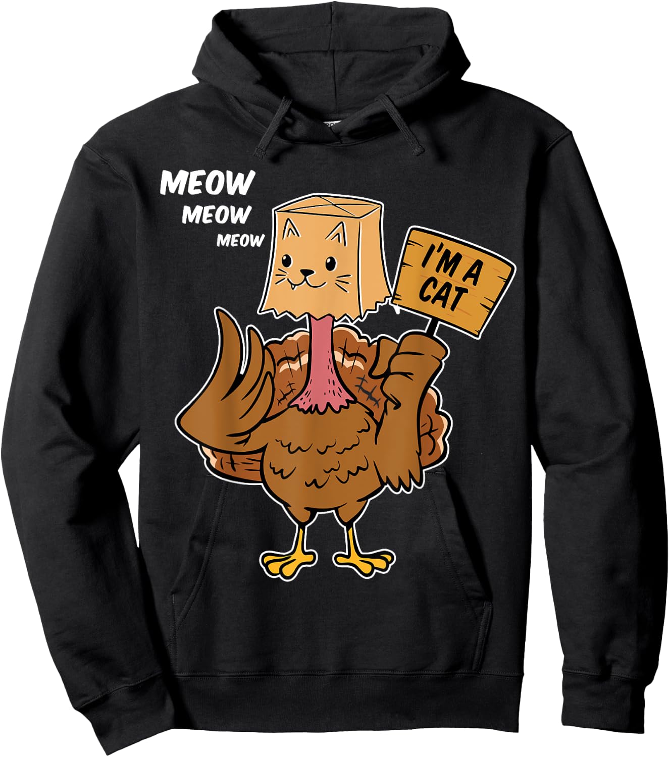 Thanksgiving Turkey Cat Meow Funny Men Women Thanksgiving Hoodie - Hoodie | Black