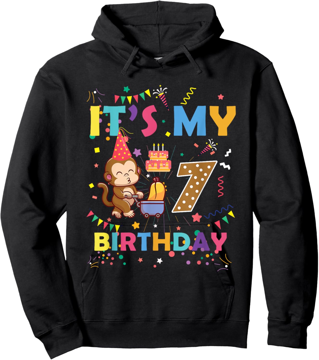 It's My 7th Birthday Monkey 7 Year Old Boys Girls Kids Hoodie - Hoodie | Black
