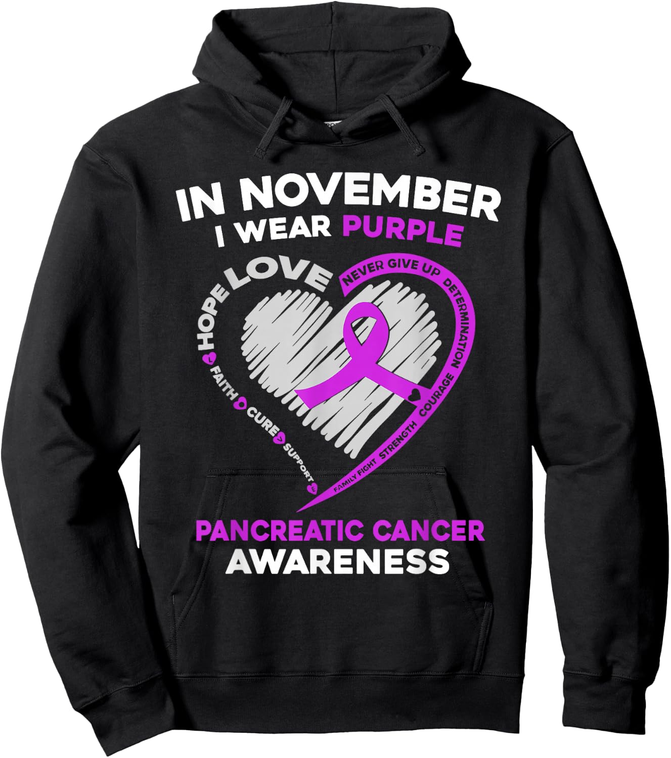 In November We Wear Purple Heart Pancreatic Cancer Awareness Hoodie - Hoodie | Black