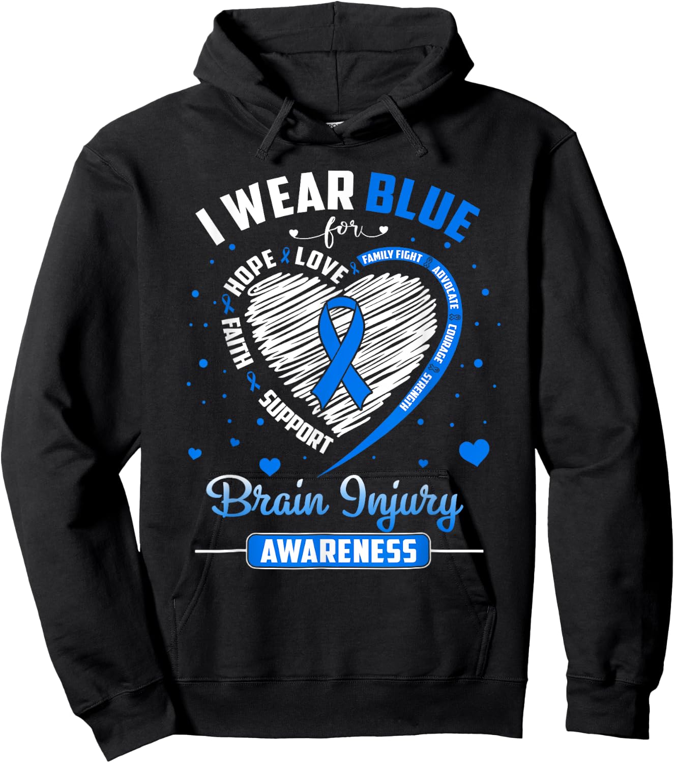 I Wear Blue For Brain Injury Awareness Heart Blue Ribbon Hoodie - Hoodie | Black