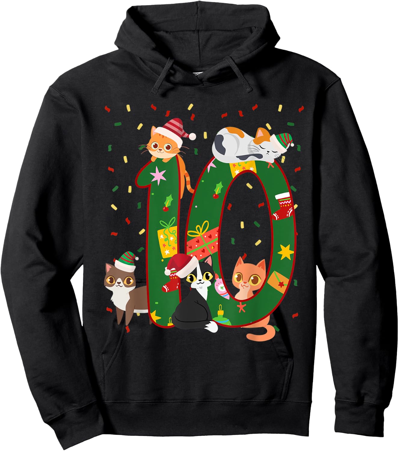 10 Years Old Kids Xmas Cute Cats 10th Birthday Christmas Hoodie - Hoodie | Black