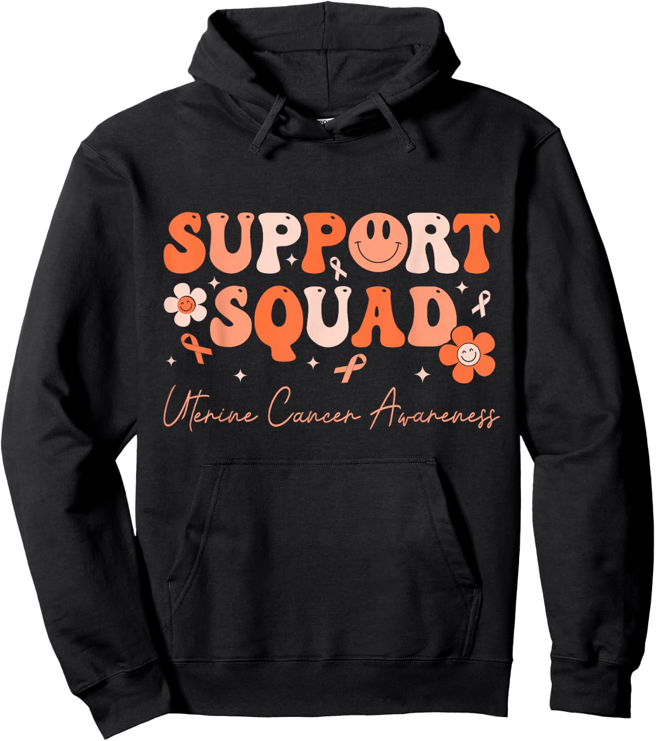 Groovy Support Squad Uterine Cancer Awareness Peach Ribbon Hoodie - Hoodie | Black