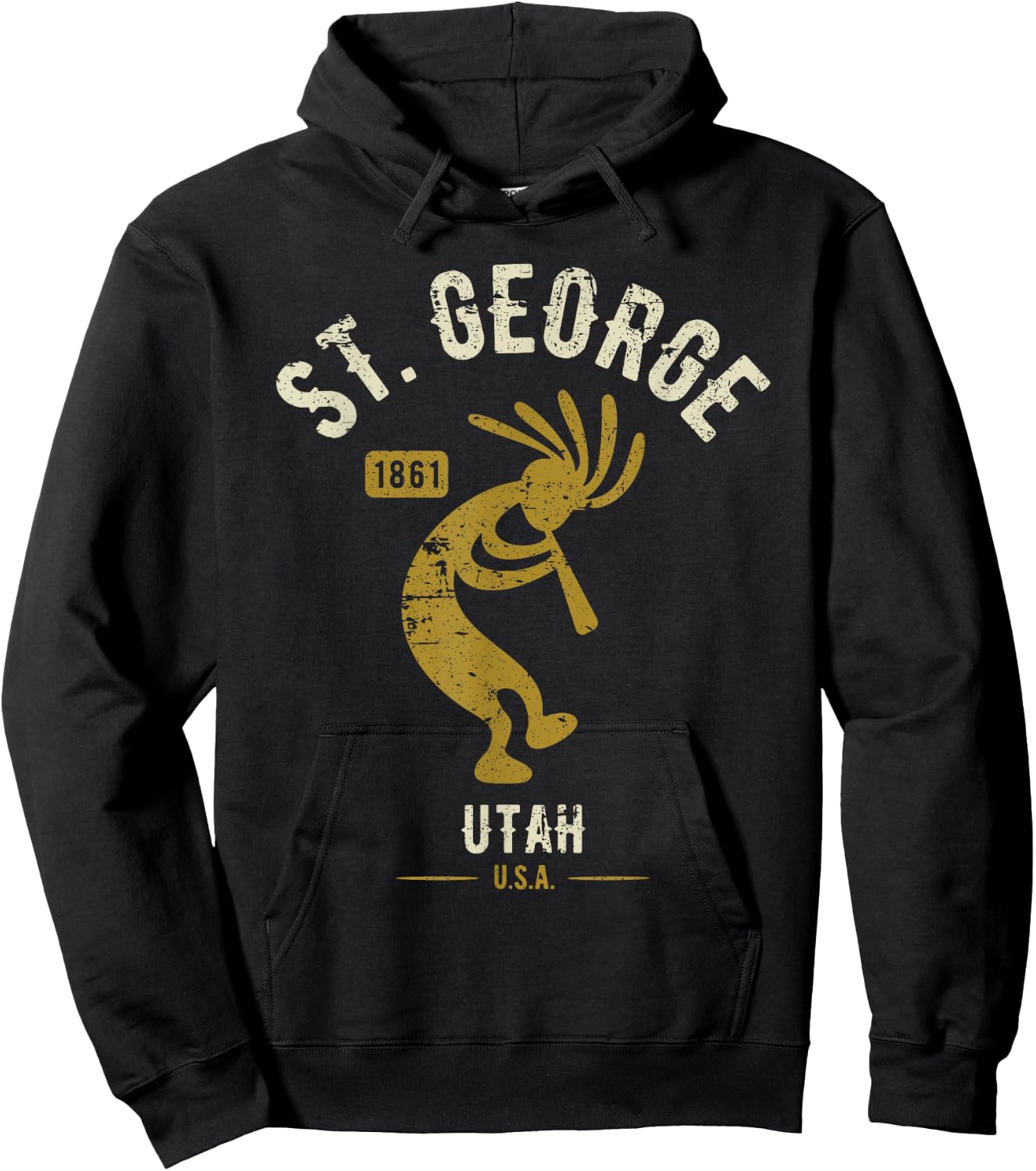St George Utah USA Dancing Kokopelli Distressed Design Hoodie - Hoodie | Black