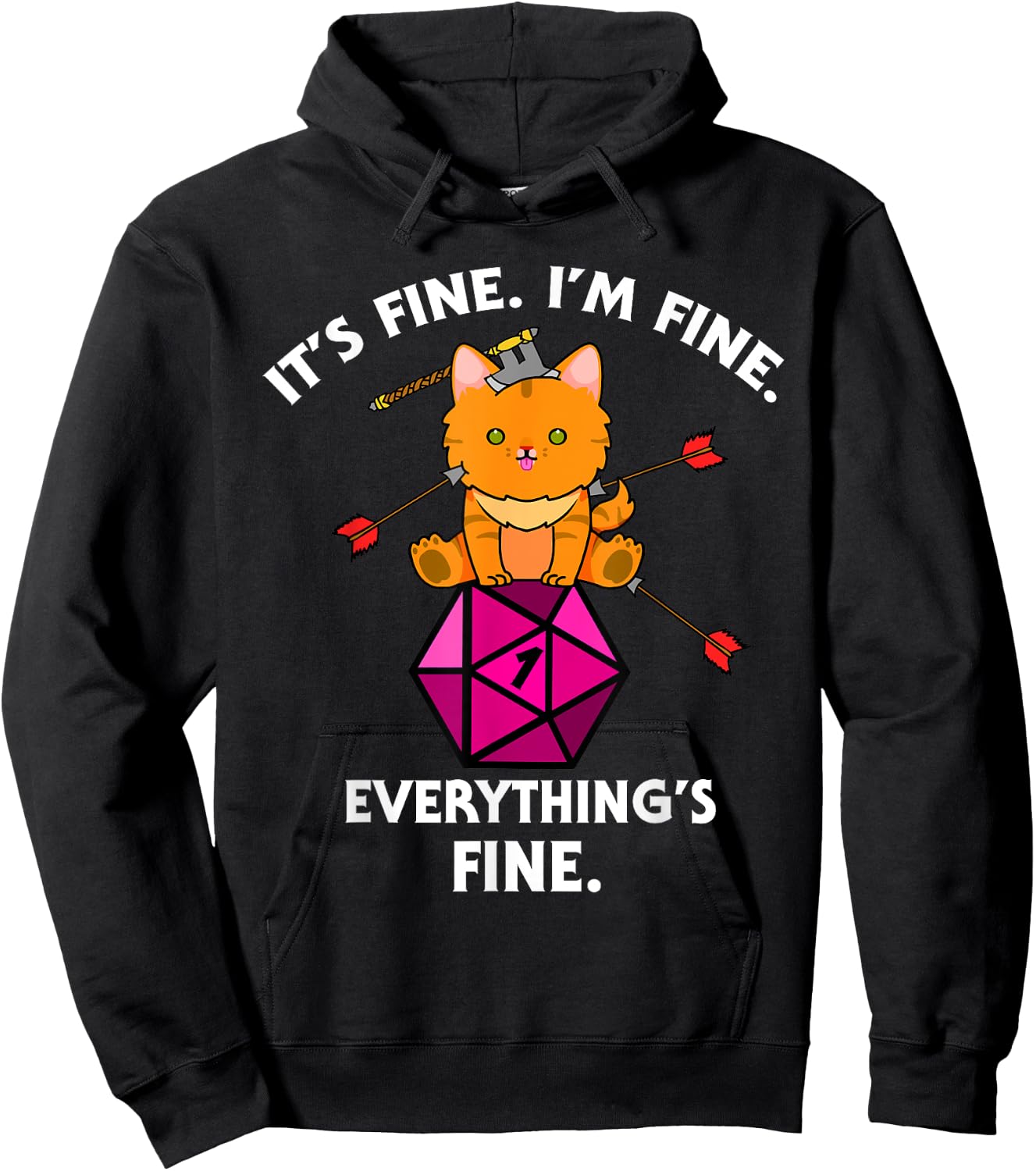 It's Fine RPG Gamer Cat D20 Dice Fail Funny Nerdy Geek Hoodie - Hoodie | Black