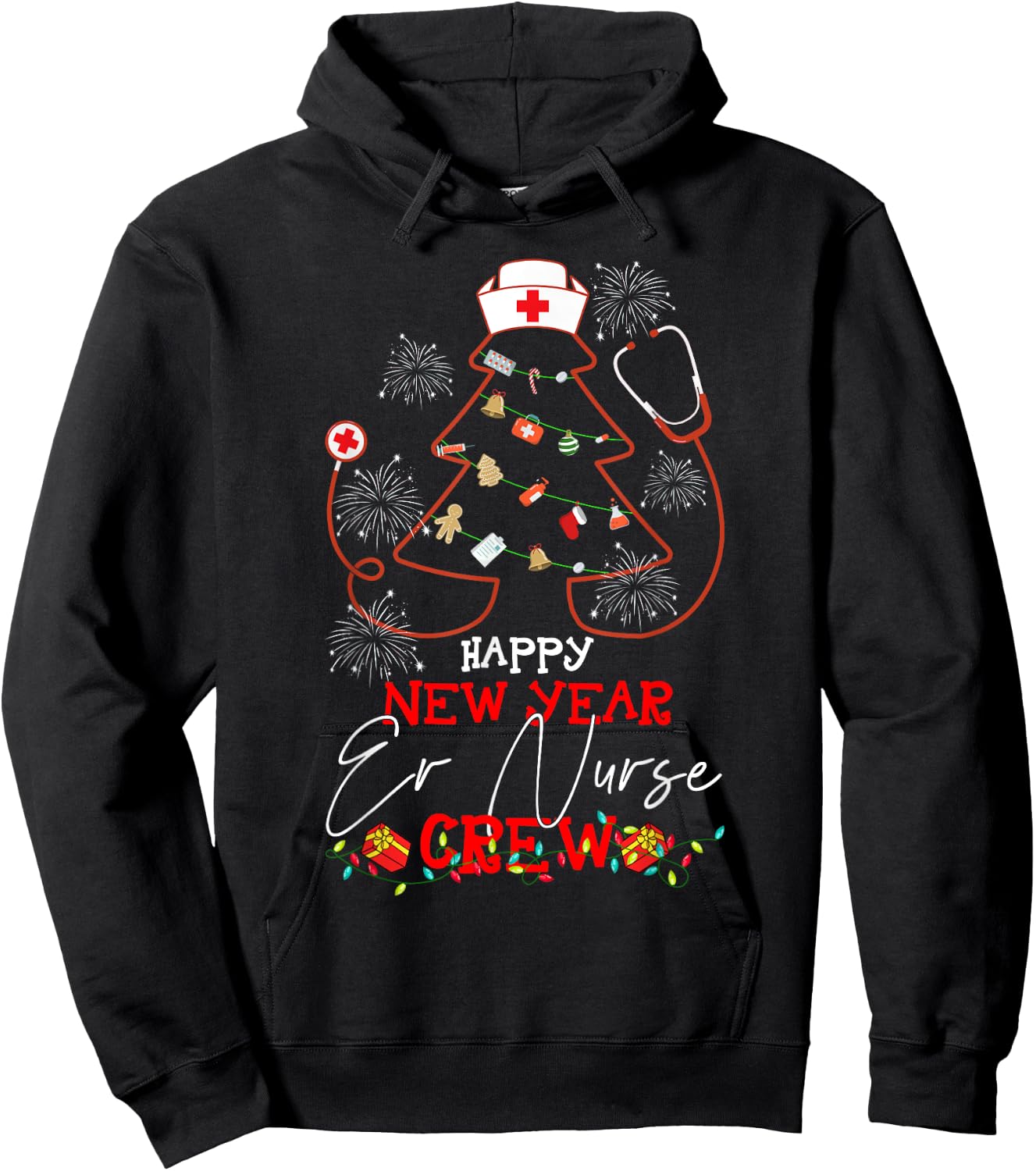 Christmas - Happy New Year ER Nurse Crew Reindeer Nurse - Black, Small - Women-Adults Hoodie - Hoodie | Black