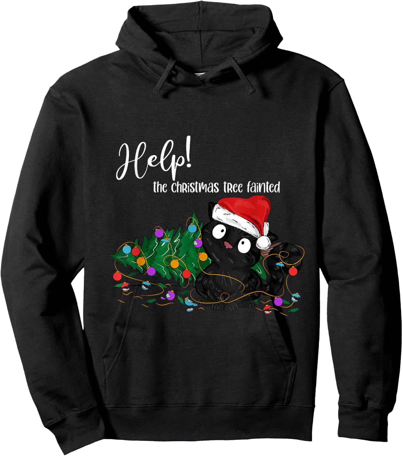 Help The Christmas Tree Fainted Funny Black Cat Troublemaker Hoodie - Hoodie | Black