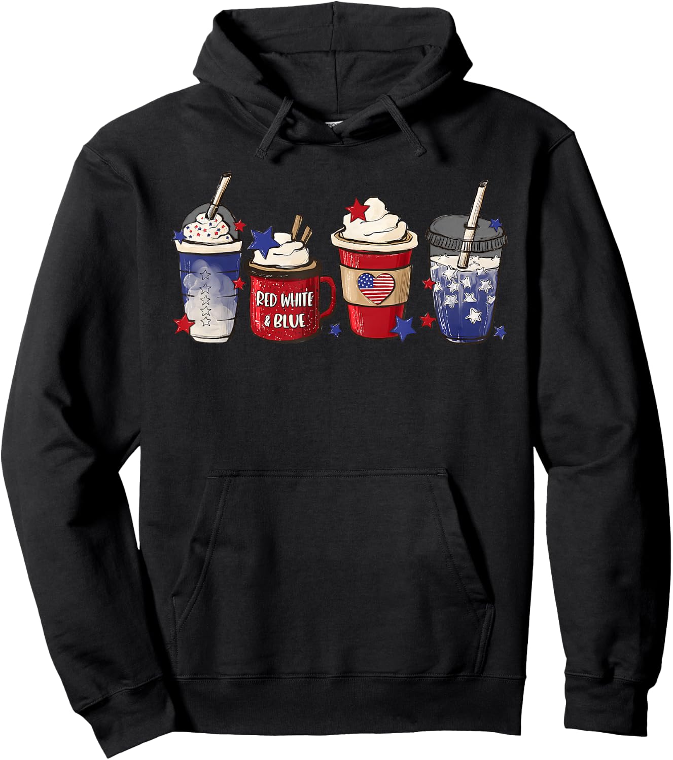 Red White Blue Latte Ice Coffee USA 4th Of July Patriotic Women Kids Men Hoodie - Hoodie | Black