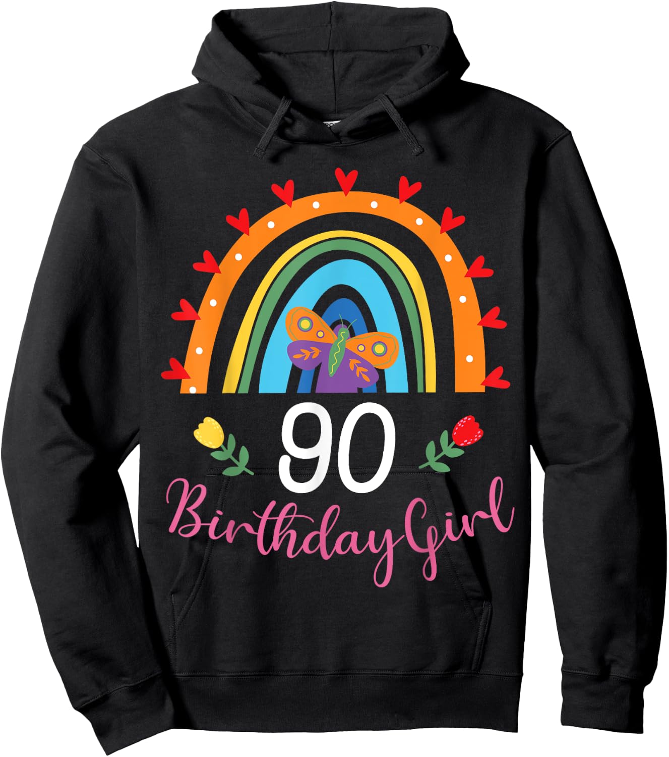 Cute Rainbow 90 Year Old Birthday Girl 90th B-Day Family Hoodie - Hoodie | Black