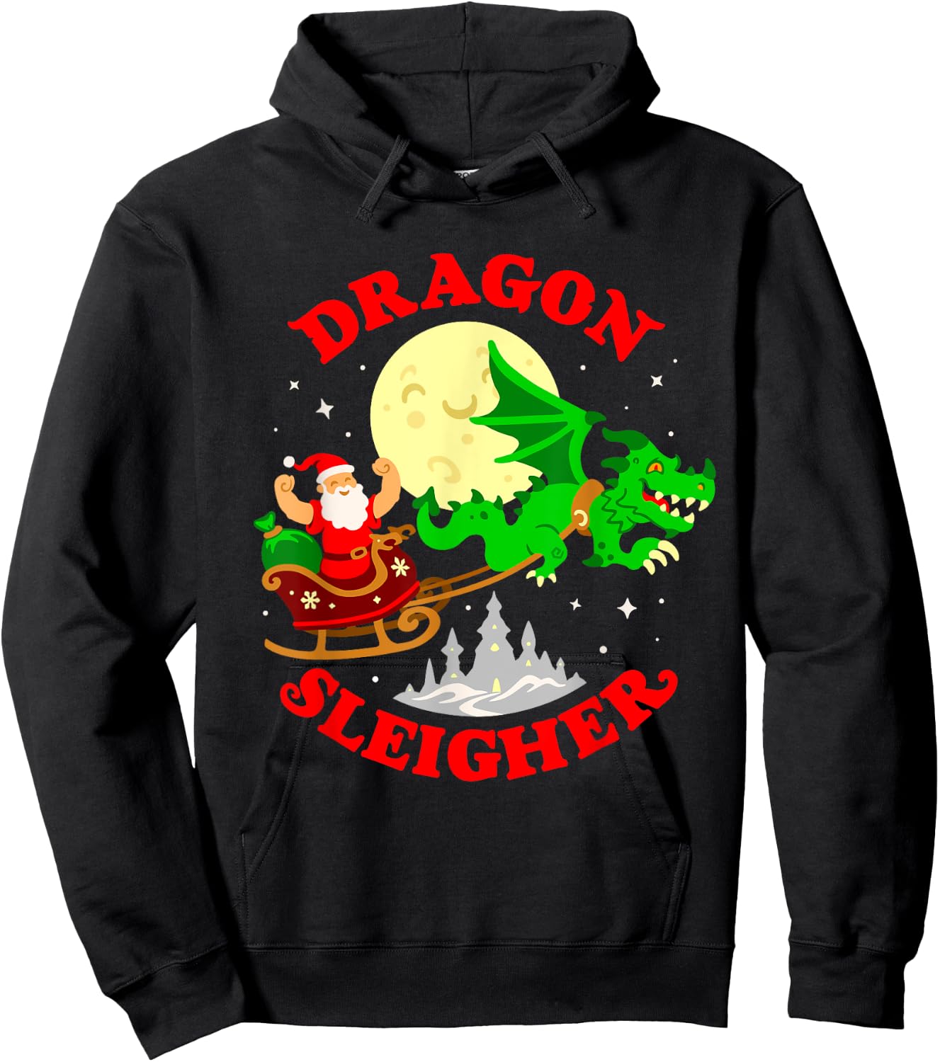 Dragon Sleigher Funny Cute Fantasy Dragon Santa Christmas Hoodie - Hoodie | Black