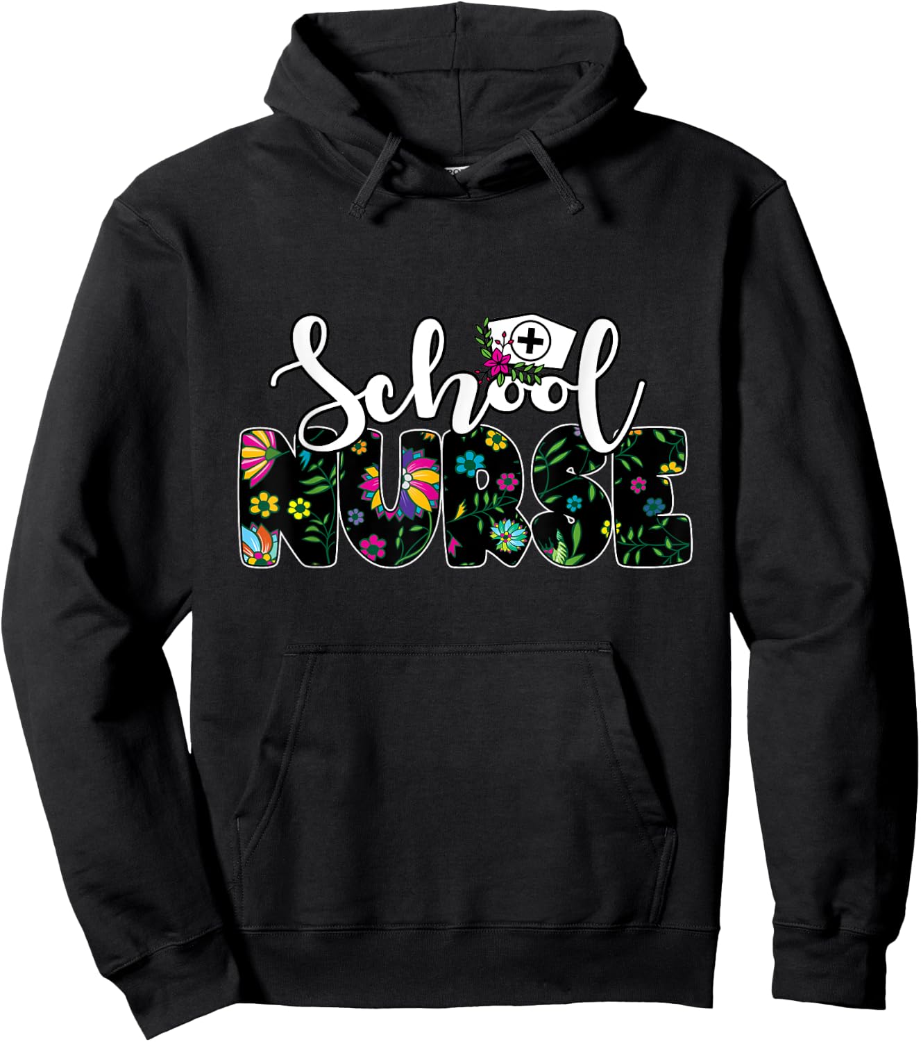 Flower Decorated "School Nurse" - School Nurse Hoodie - Hoodie | Black