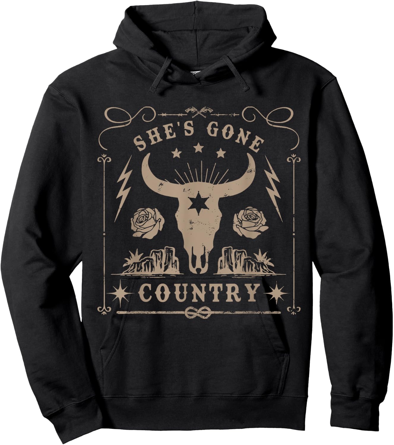 She's Gone Country Music Howdy Rodeo Bull Skull Western Hoodie - Hoodie | Black