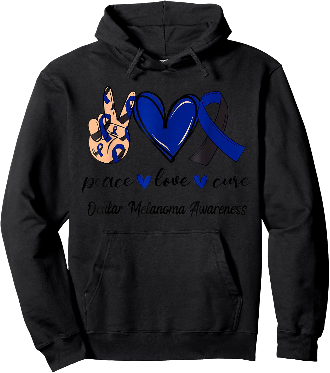 Peace Love Cure Ocular Melanoma Black Navy Ribbon Awareness Hoodie - Hoodie | Black