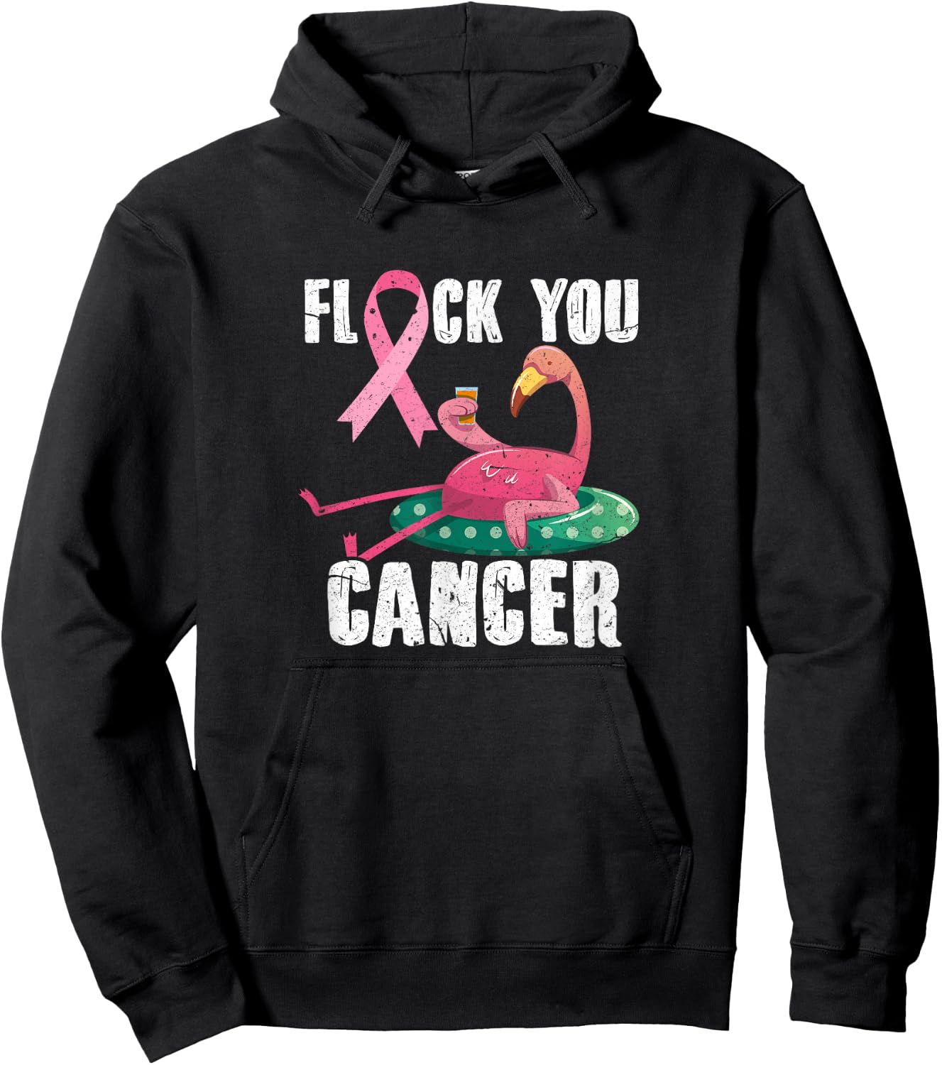 Flock You Cancer Flamingo Breast Cancer Fighter Distressed Hoodie - Hoodie | Black