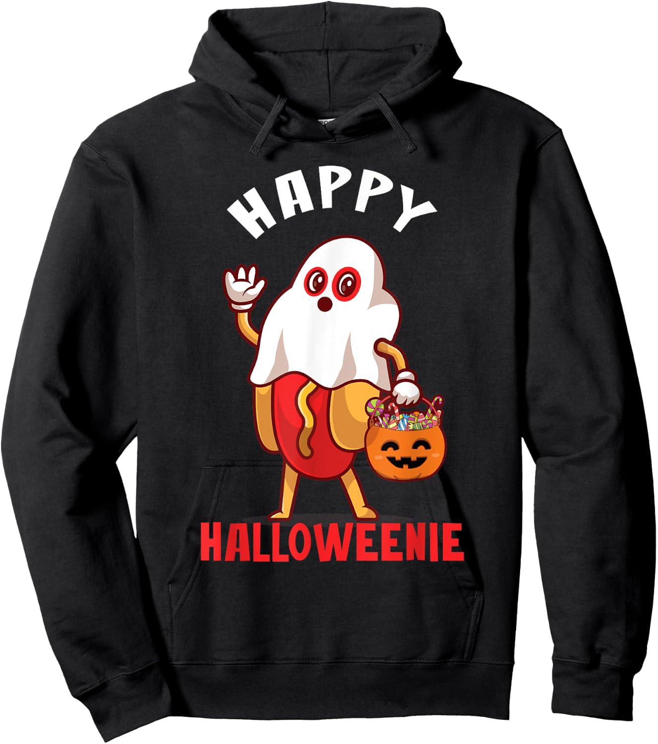 Happy Halloweenie Halloween Hot Dog Ghost Funny Hoodie - Hoodie | Black