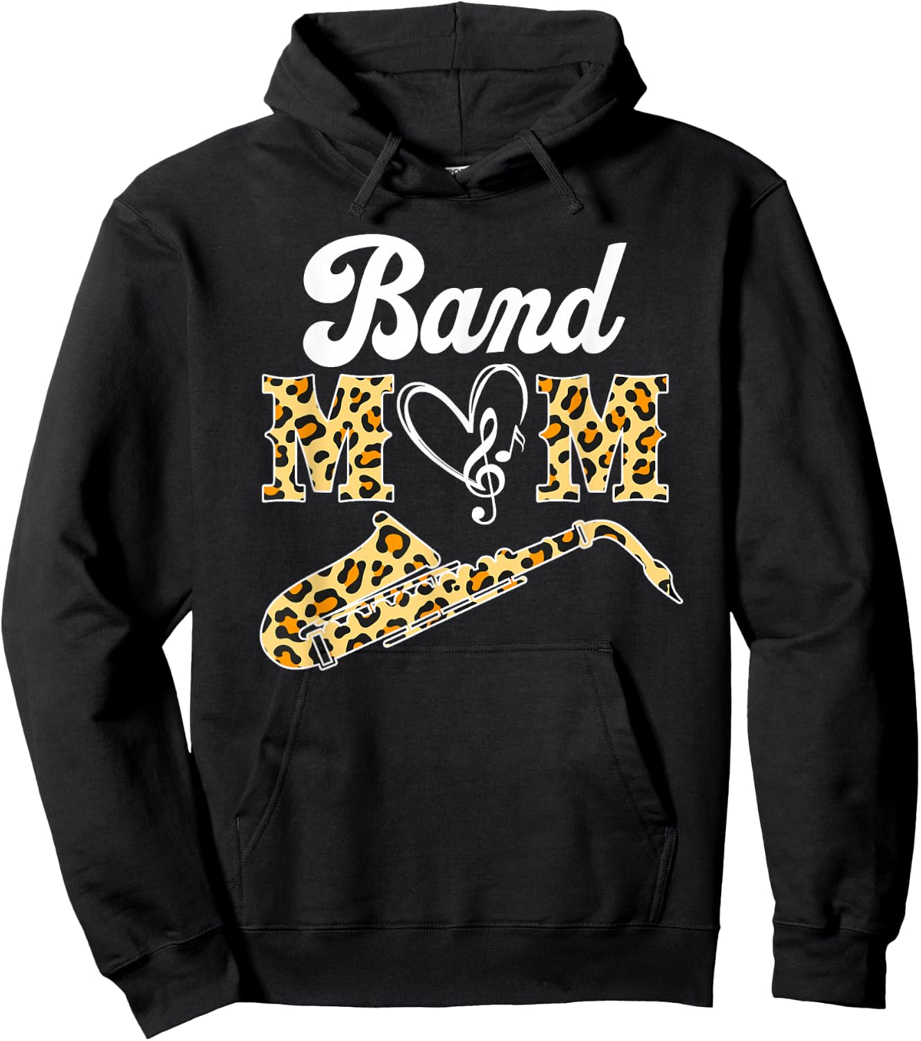 Proud Band Mom Leopard Print Musical Marching Band Saxophone Hoodie - Hoodie | Black