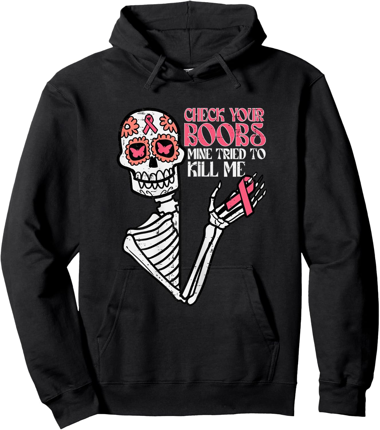 Sugar Skull Skeleton Funny Breast Cancer Awareness Women Hoodie - Hoodie | Black