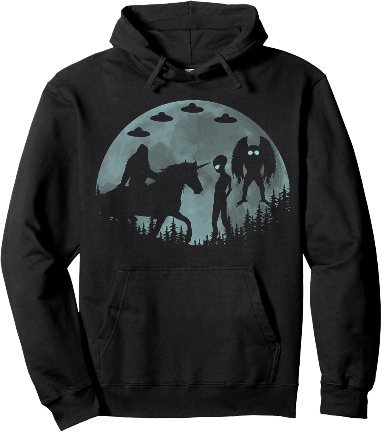 Bigfoot Riding Unicorn Funny Sasquatch Ufo Mothman And Alien Hoodie - Hoodie | Black