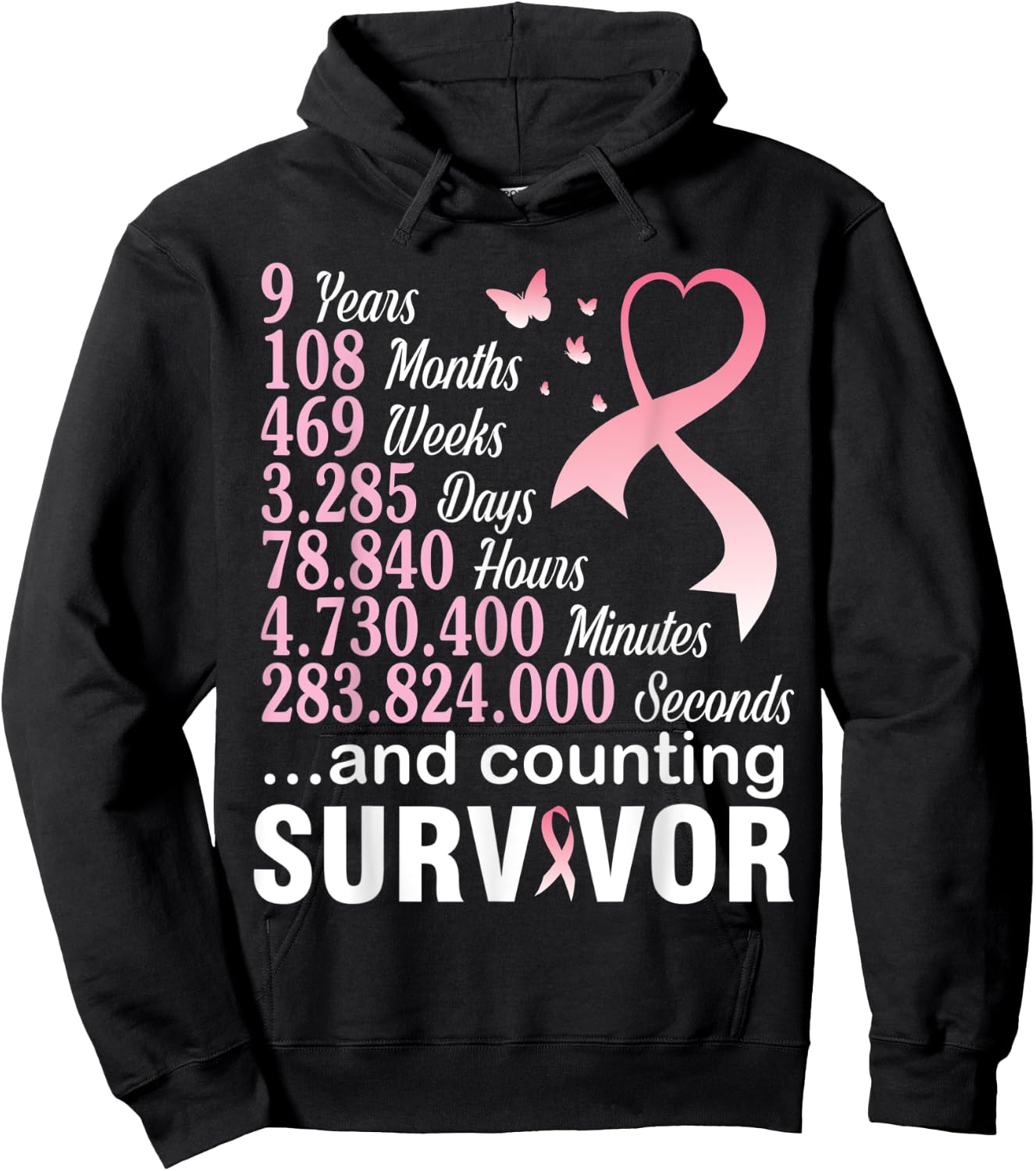 9 Years 108 Months & Counting Survivor Warrior Breast Cancer Hoodie - Hoodie | Black