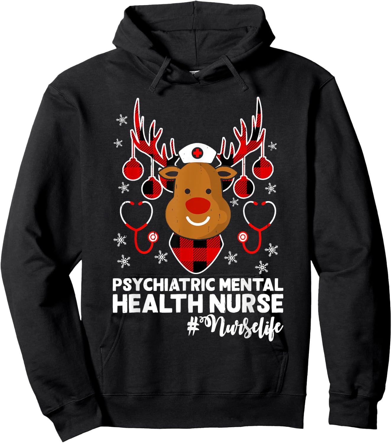 Holiday Xmas Psychiatric Mental Health Nurse Life Reindeer Hoodie - Hoodie | Black