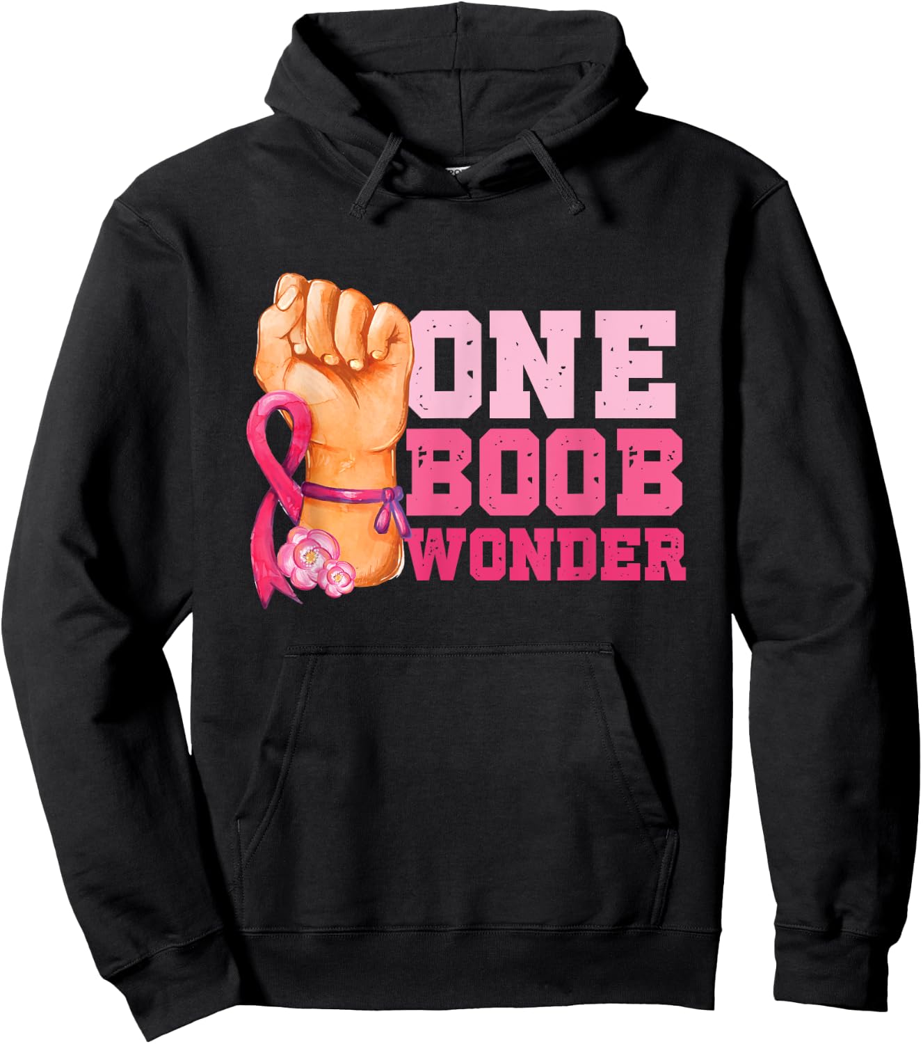One Boob Wonder | Pink Ribbon | Breast Cancer Awareness Hoodie - Hoodie | Black