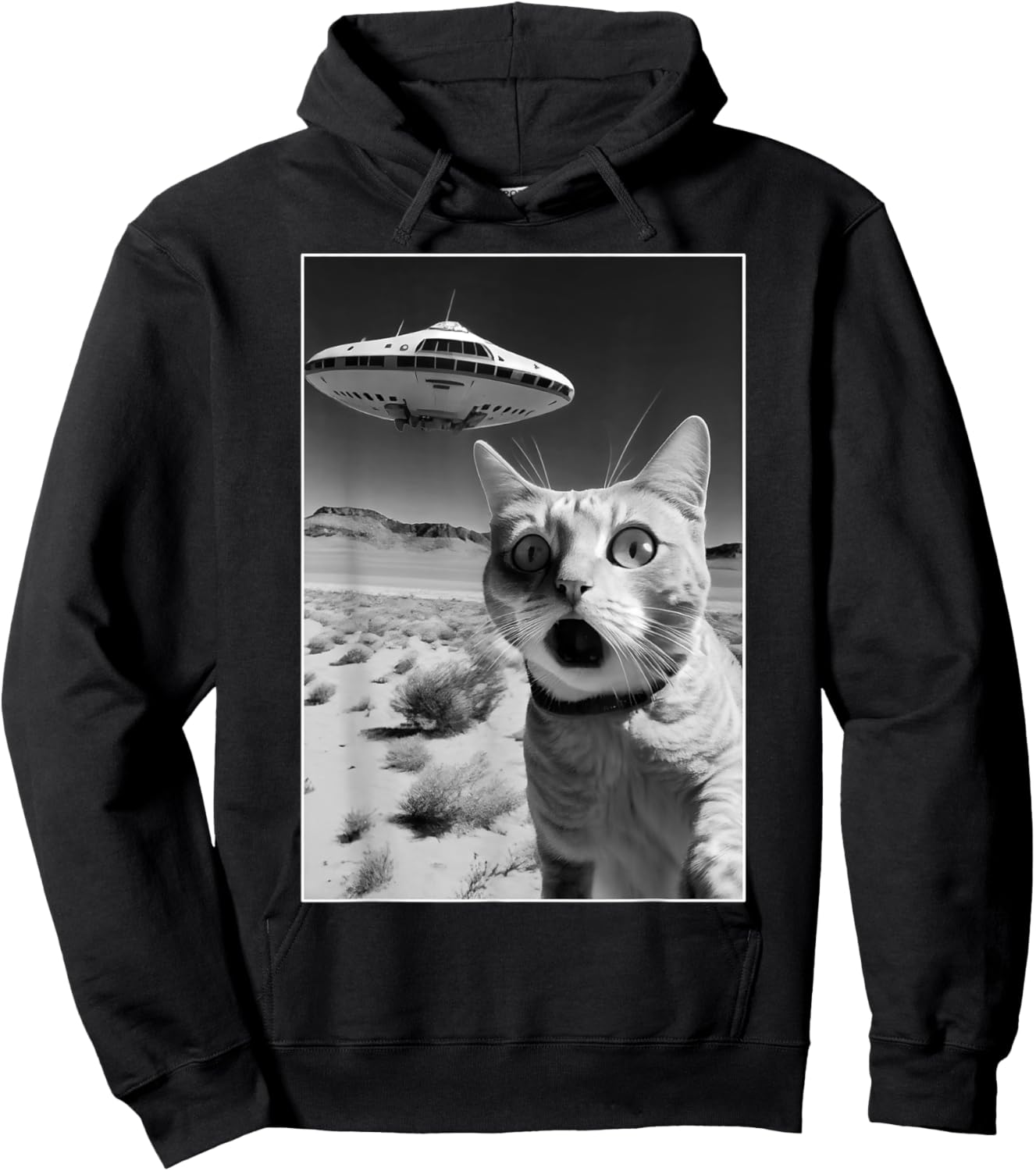 A cat taking a selfie with a ufo spaceship - funny pun meme Men Women Kids Hoodie - Hoodie | Black