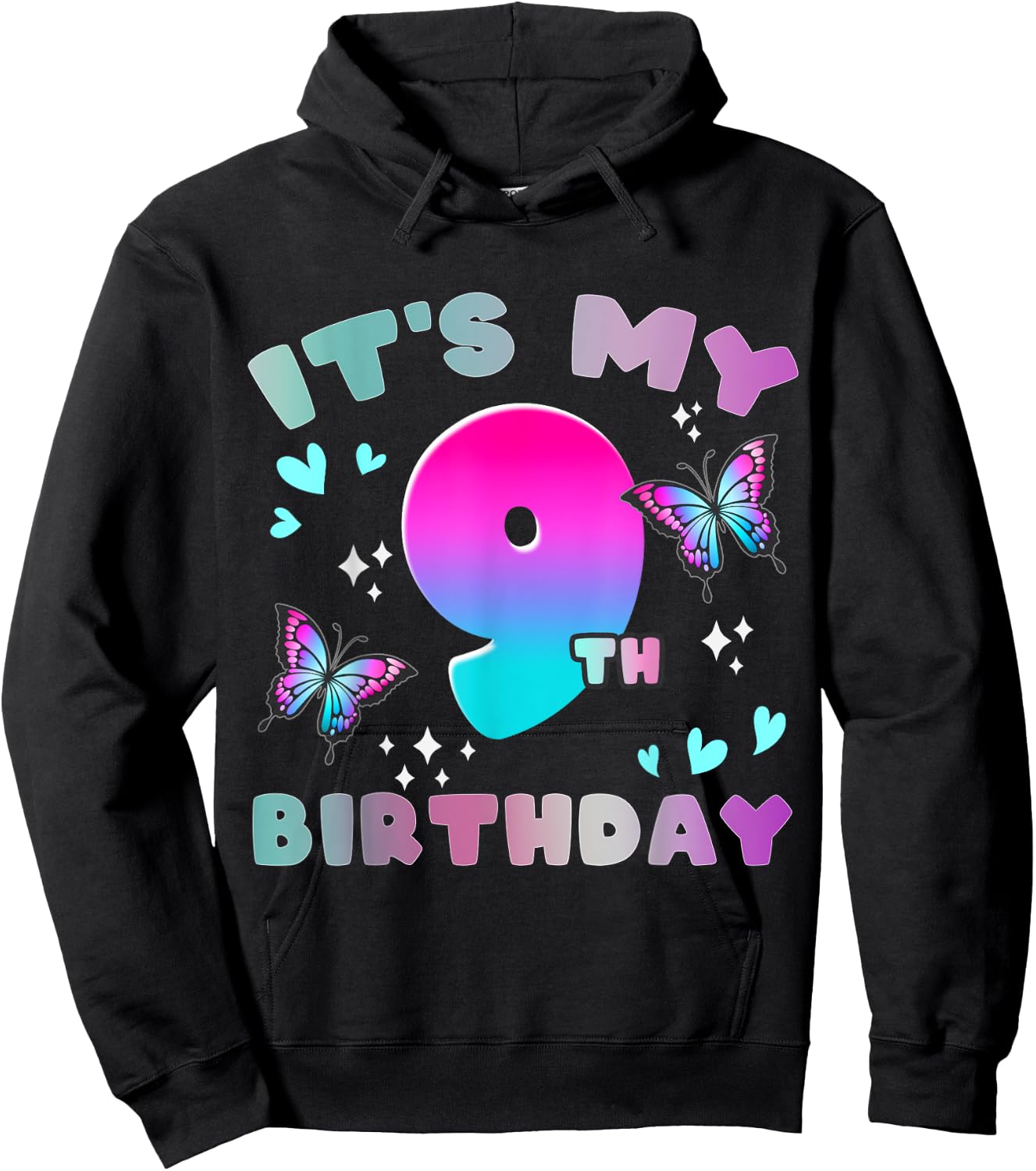 It's My 9th Birthday Butterfly 9 Years Old Butterflies Kid Hoodie - Hoodie | Black