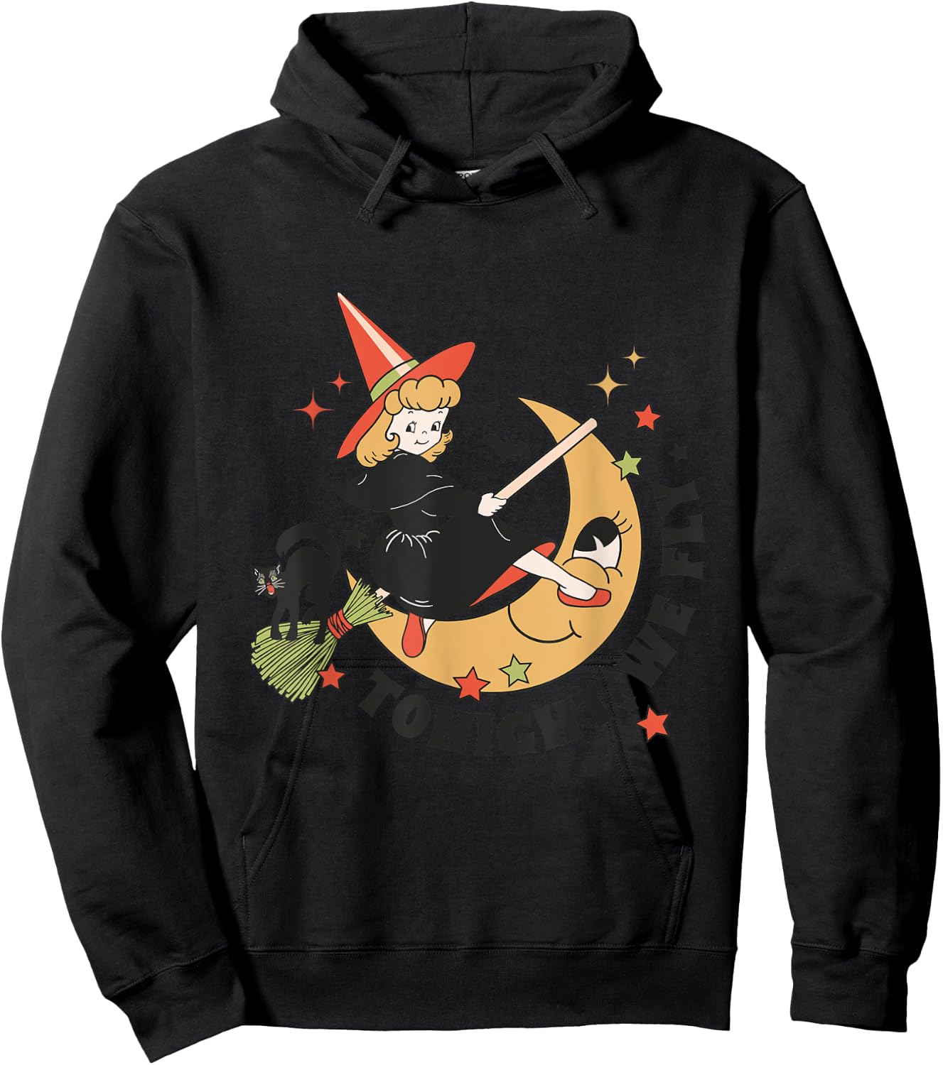 Vintage Tonight We Fly Witch On Broom Cat Retro Halloween Women Kids Hoodie - Hoodie | Black