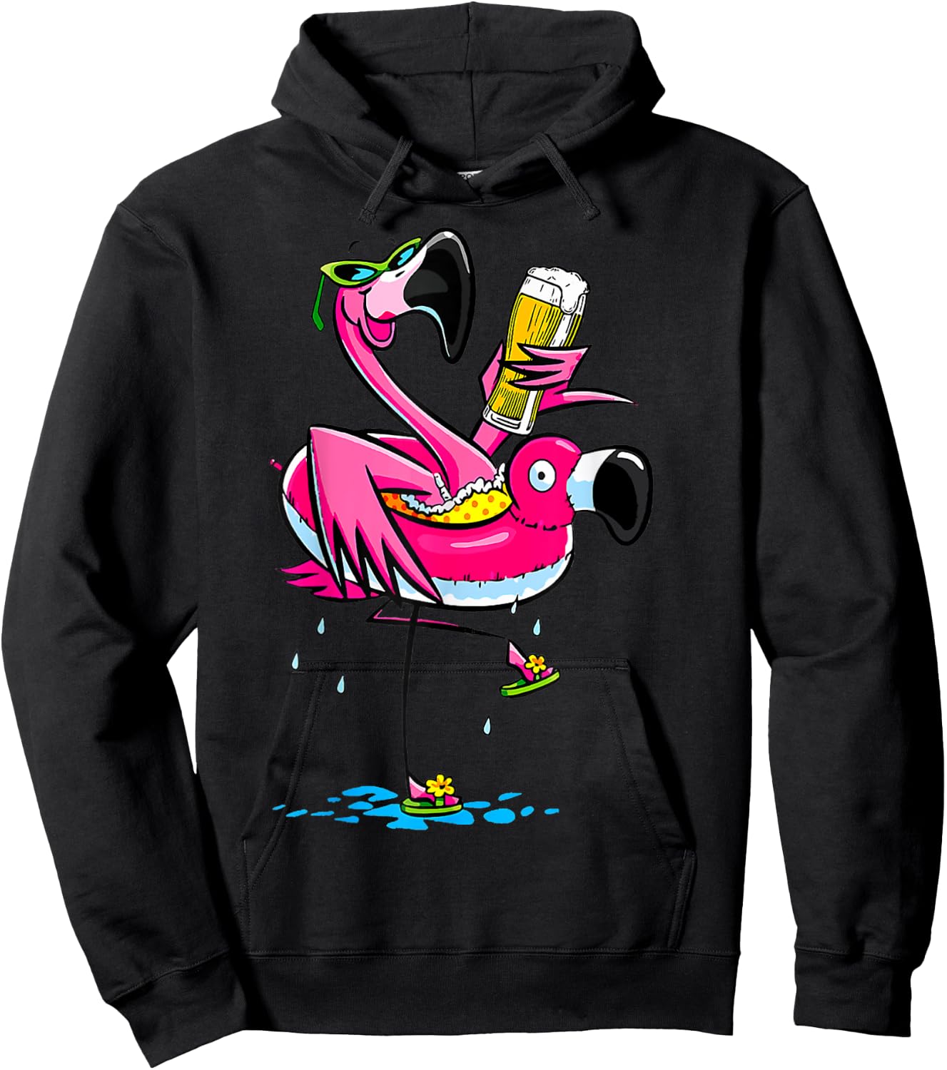 Funny Flamingo Drinking Beer Hawaiian Summer Tropical Women Hoodie - Hoodie | Black