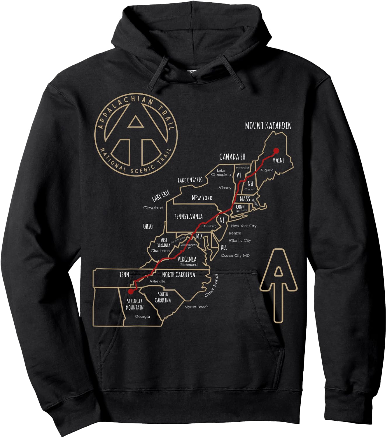 Appalachian Trail Hiking Map, Outdoor Adventure Trailing Hoodie - Hoodie | Black