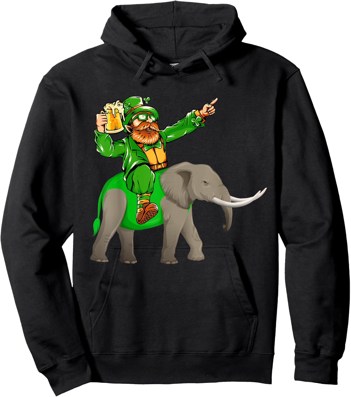 St. Patrick's Day Man Riding Elephant Funny Drinking Beer Hoodie - Hoodie | Black