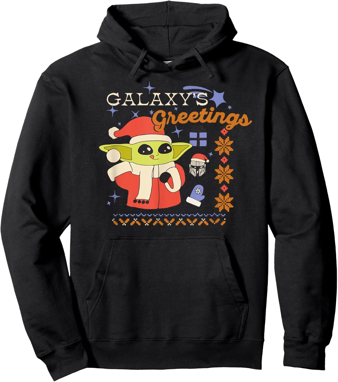 Amazon Essentials Men's The Mandalorian Grogu Christmas Holiday Galaxy's Greetings , Black Graphic Print, Small Hoodie - Hoodie | Black